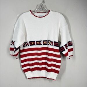 Sweater Loft Vtg Short Sleeve Nautical Preppy Knit Flags Cotton USA Sz S NWOT